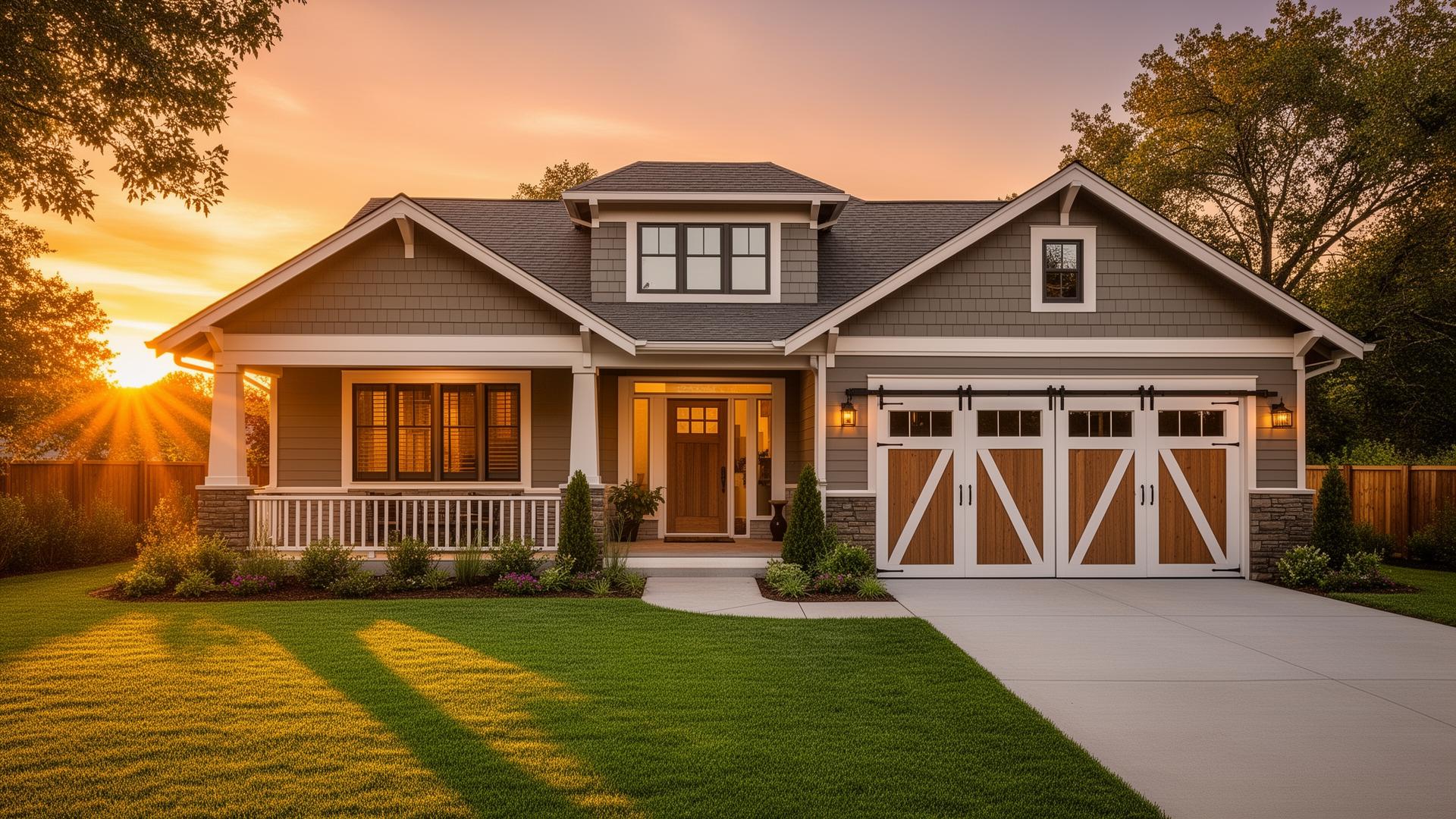 Beautiful craftsman home with farmhouse barn-style garage doors at sunset